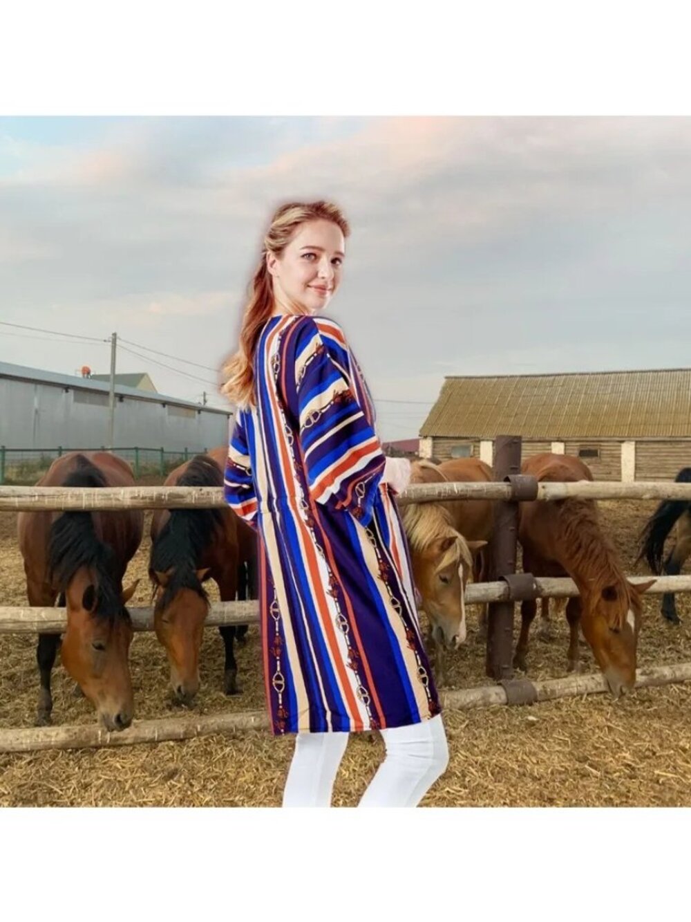 Navy Stripe Horsebit Kimono Cover Up Belted Waist Multi-Tone One Size - Picture 2 of 5